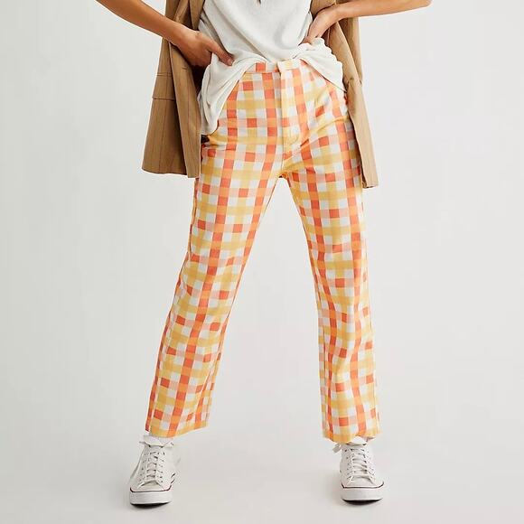NWT Free People She's All That Printed Check Trouser Pants Yellow Orange Sz 12 - Picture 2 of 11
